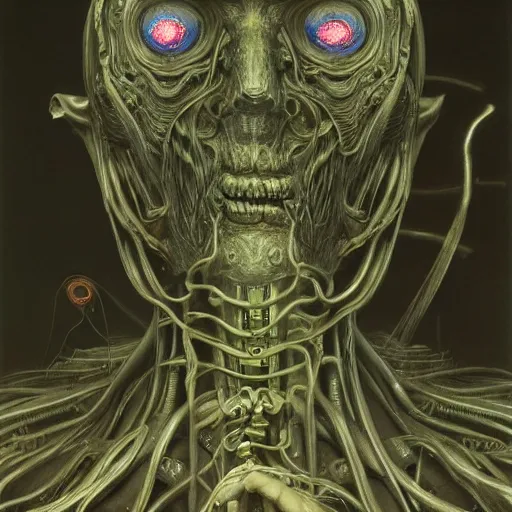 Image similar to style by millais, ( ( ( ( ( ( ( ( by beksinski ) ) ) ) ) ) ) ), portrait painting of cybernetic yokai, 8 k, highly detailed, octane render, by millais,