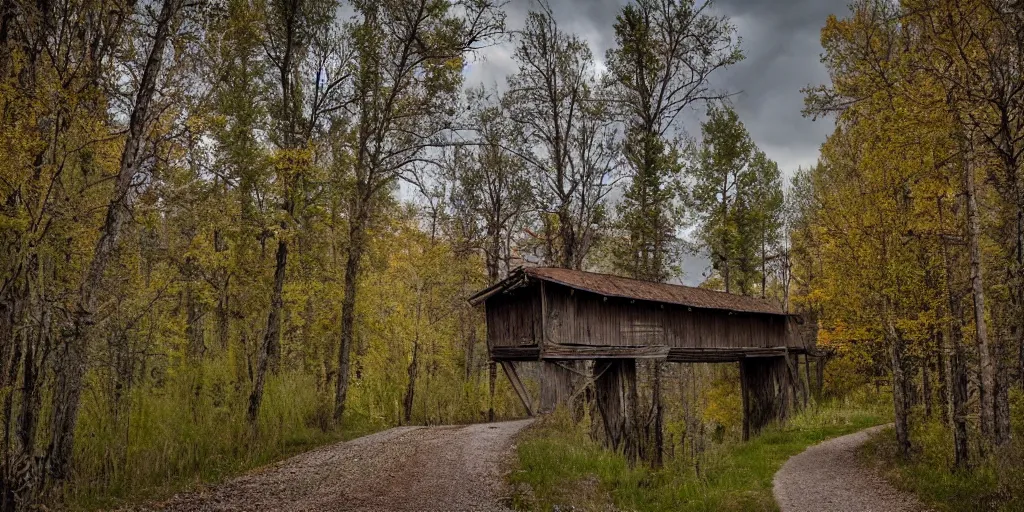 Prompt: A haunted eerie road with an old covered wooden bridge, Riverdale Road Colorado
