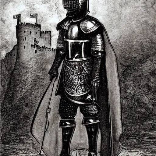 Prompt: full body, knights armor, donald trump, crown!!!!!!, donald trump's face, detailed face, painting of a knight, boots!!!!!!, medieval castle background, valiant, by hans thoma