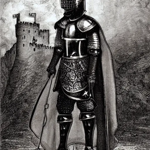 Image similar to full body, knights armor, donald trump, crown!!!!!!, donald trump's face, detailed face, painting of a knight, boots!!!!!!, medieval castle background, valiant, by hans thoma