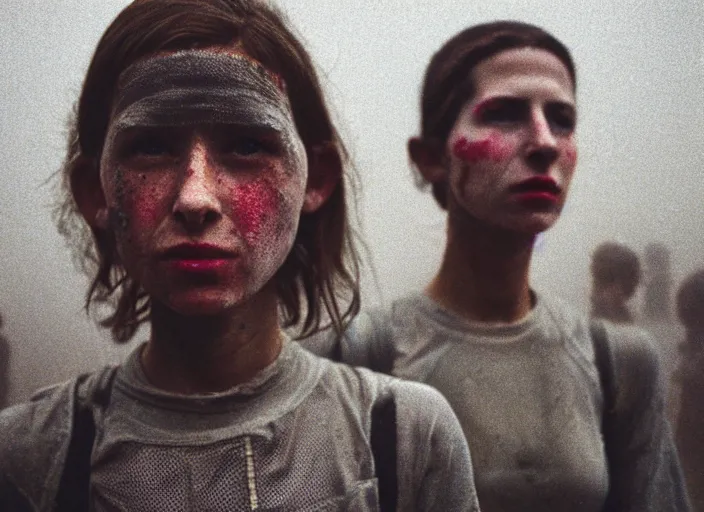 Image similar to cinestill 5 0 d photographic portrait by helen levitt of a group of cute android women wearing rugged black mesh techwear in a foggy cement maze, extreme closeup, modern cyberpunk, dust storm, 8 k, hd, high resolution, 3 5 mm, f / 3 2, ultra realistic faces, intricate detail, ex machina