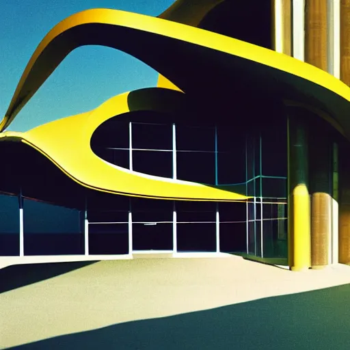 Prompt: architecture ad for a mid-century modern building by the beach designed by Zaha Hadid. Film grain, cinematic, colorized, yellow hue.