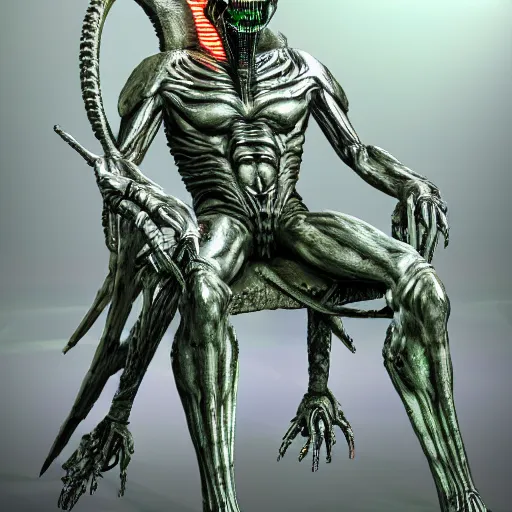 Image similar to a realistic sanke from metal gear dressing necromancer clothes sited in a xenomorphic throne with glow neon eyes, finely detailed, 4 k, photorealistic, cycles engine,