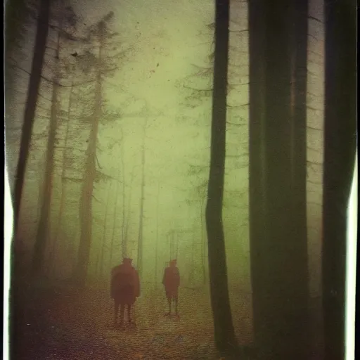 Prompt: the yellow dog man, creepypasta, old colored polaroid, 1 9 2 0's, liminal, foggy forest