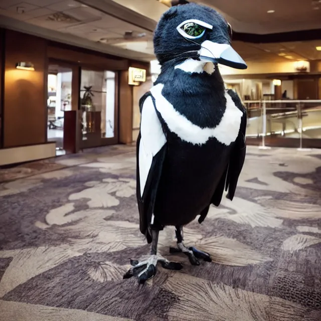 Image similar to a person wearing a fursuit of a magpie fursona, fursona, furry convention, hotel lobby, indoors, photograph, furry fandom, photorealistic,