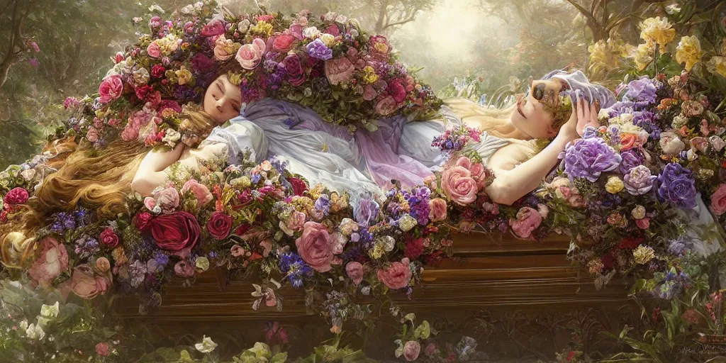 Prompt: an elaborate coffin with a mysterious sleeping beauty holding a large bouquet of flowing flowers,, fantasy, regal, intricate, by stanley artgerm lau, greg rutkowski, thomas kindkade, alphonse mucha, loish, norman rockwell