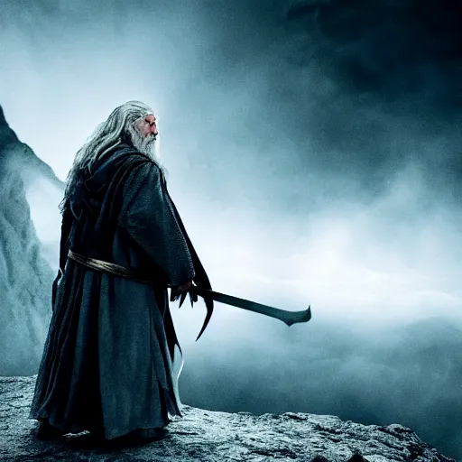 Prompt: messi as gandalf in a deleted scene from the lord of the rings fighting the balrog in the bridge, beautiful dynamic dramatic dark moody lighting, stunning shadows, octane render, foggy atmosphere, horror atmosphere,