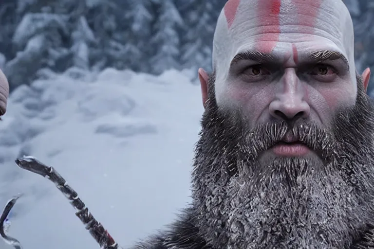 Prompt: vfx movie live action god of war closeup, natural grizzled skin, tough bald man in furs, grey beard, in snowy tahoe by emmanuel lubezki