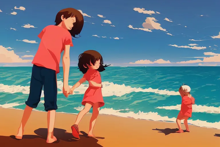 Image similar to a little boy and a little girl play at the sea beach. clean cel shaded vector art. shutterstock. behance hd by lois van baarle, artgerm, helen huang, by makoto shinkai and ilya kuvshinov, rossdraws, illustration, art by ilya kuvshinov