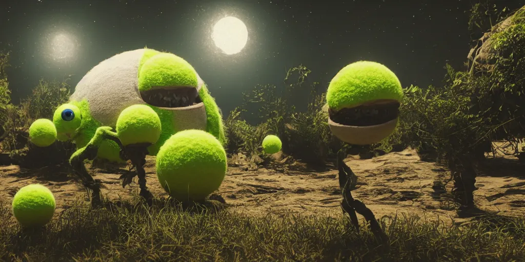 Prompt: a photo of 8 k ultra realistic tennis ball monster, tennis ball monsters, alien exotic, cinematic lighting, trending on artstation, 4 k, hyperrealistic, focused, high details, unreal engine 5, cinematic, alien planet atmosphere in background, 3 d render by beeple