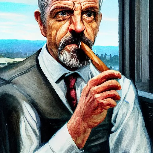 Image similar to mr. house, realistic, highly detailed face, looks at the big explosion, nuclear fungus, explosion, from the window of the lucky 3 8 casino, man smokes a cigar,! holding in his hand!, arm, cigarette advertising, hyperdetailed, artstation trending, ultra hd, artstation, photorealism, ultrarealistic, retro, 4 5 mm, elegant,