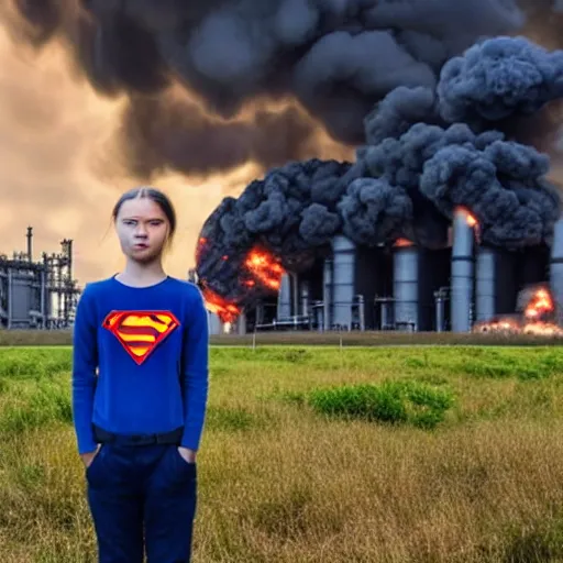 Image similar to epic photo of greta thunberg as superman flying realistic backlit background oil refinery explosions and black smoke