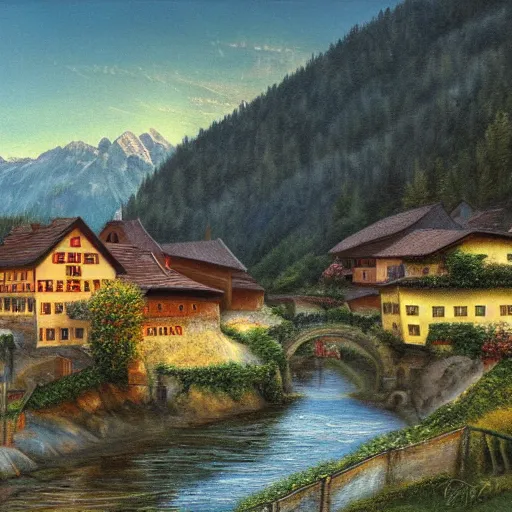Prompt: High-Quality realist painting of a river crossing a traditional Bavarian village in a valley in the Alps at dawn, peaceful, very detailed, digital art.