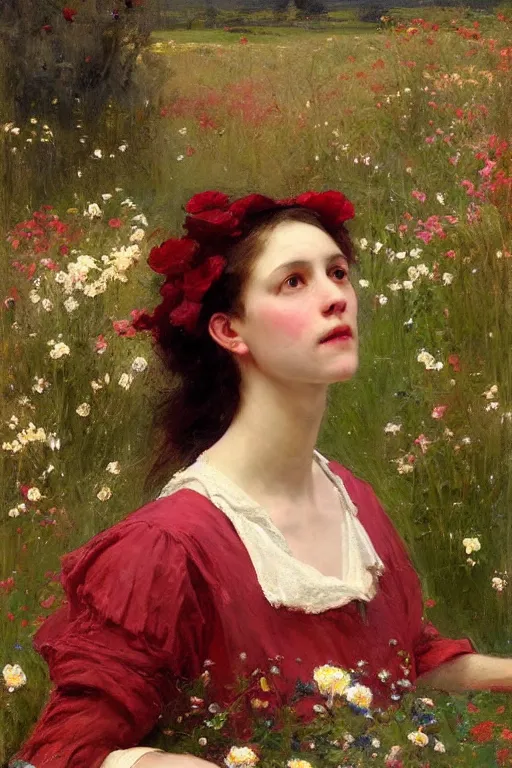 Prompt: Solomon Joseph Solomon and Richard Schmid and Jeremy Lipking victorian genre painting portrait painting of an beautiful slender cottagecore girl in an open field of flowers, red background