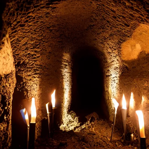 Prompt: dark, tight, ancient catacombs lit by torches with multiple openings and multiple alcoves