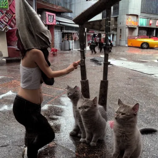 Image similar to pyramid head from silent hill petting a group of kittens in the rainy streets of Tokyo