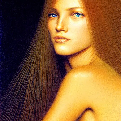 Image similar to Facial portrait of a cute shy woman, looking away from the camera, seductive smile, sparkle in eyes, lips slightly parted, long flowing hair, no hands visible, intricate, extremely detailed painting by Jean Delville and by Greg Rutkowski and by Moebius, golden hour