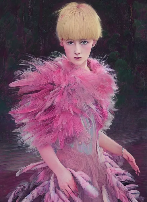 Prompt: beautiful young girl with an pink eccentric haircut wearing an dress made of feathers, artwork made by ilya kuvshinov, inspired in donato giancola, hd, ultra realistic, reflection, stage