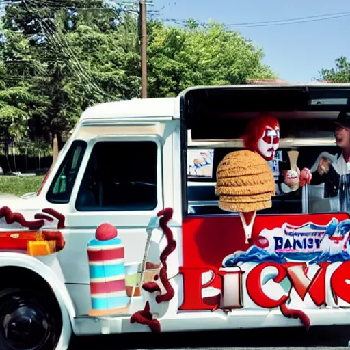 Prompt: Photo of Pennywise selling ice cream from a black Ice Cream truck