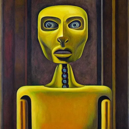 Prompt: brutalist giant unfeeling robot visage, portrait, atrium, rotunda, dystopian, pj crook, edward hopper, oil on canvas