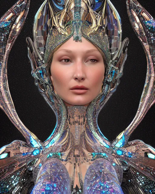 Image similar to a highly detailed metahuman 4 k close up render of an alien goddess bella hadid monument dragonfly in iris van herpen dress schiaparelli in diamonds crystals swarovski and jewelry iridescent in style of alphonse mucha gustav klimt trending on artstation made in unreal engine 4