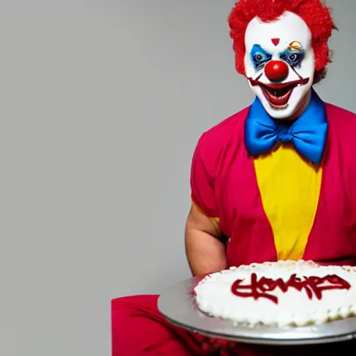 Image similar to photo of an evil clown holding a birthday cake