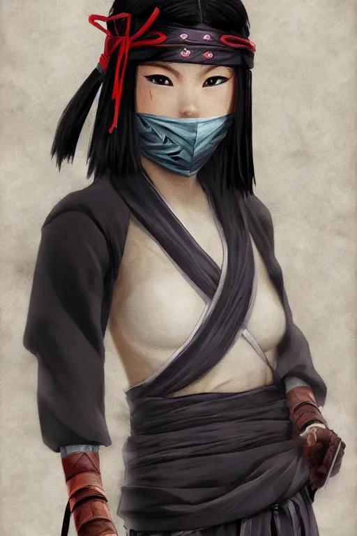 Image similar to native japanese young woman dressed like shinobi ninja, focused stare, partially masked, highly detailed, photorealistic render, digital painting, trending on artstation, character design, overcast weather