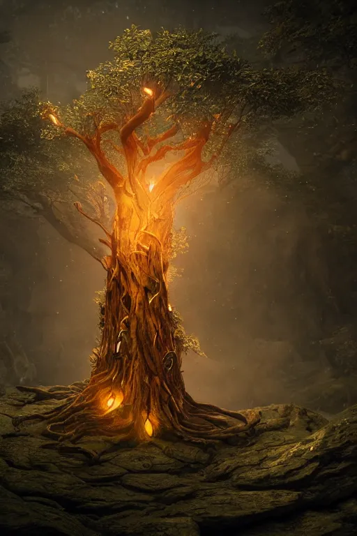 Prompt: Glowing elven runes carved into a magic tree, dramatic lighting, cinematic, establishing shot, extremely high detail, foto realistic, cinematic lighting, post processed, concept art, high details, cinematic, 8k resolution, beautiful detailed, photorealistic, digital painting, artstation, concept art, smooth, sharp focus, artstation trending, octane render, unreal engine