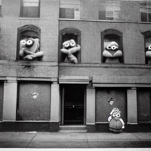 Prompt: a haunting dark cold picture of abandoned Sesame street, 1936, old camera