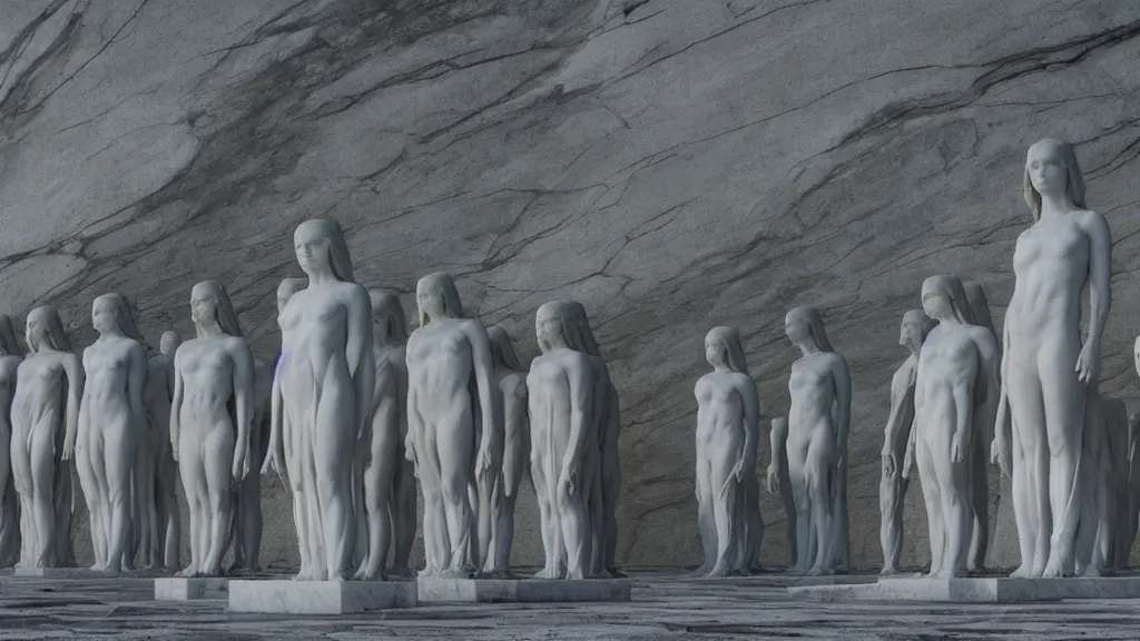 Prompt: monolithic marble statues of holy alien figures stare into the camera on a Venus temple, film still from the movie directed by Denis Villeneuve with art direction by Zdzisław Beksiński, wide lens