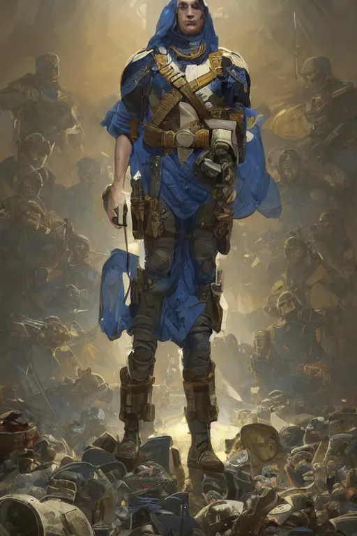 Image similar to A modern super soldier with a blue and yellow flag behind him is standing on a pile of skulls, D&D, fantasy, painted character portrait, highly detailed, digital painting, artstation, concept art, sharp focus, illustration, art by artgerm and greg rutkowski and alphonse mucha