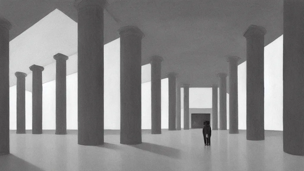 Prompt: minimalist industrial interior hallway with monolithic pillars in the style of ridley scott and stanley kubrick, impossible architecture, ultra view angle view, lone person in the distance, realistic detailed painting by edward hopper