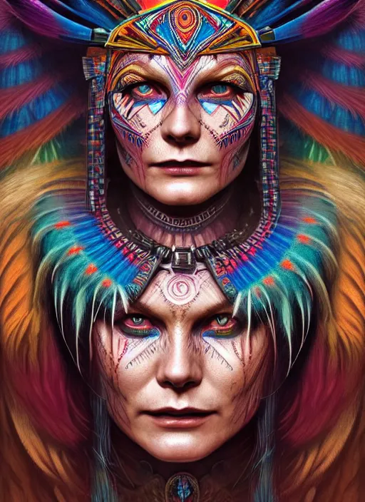 Image similar to portrait of kirsten dunst, hyper detailed ultra sharp aztec shaman warrior. trending on artstation, warpaint aesthetic, bloodwave, colorful, psychedelic, ornate, intricate, digital painting, concept art, smooth, sharp focus, illustration, art by artgerm and greg rutkowski and h. r. giger, 8 k