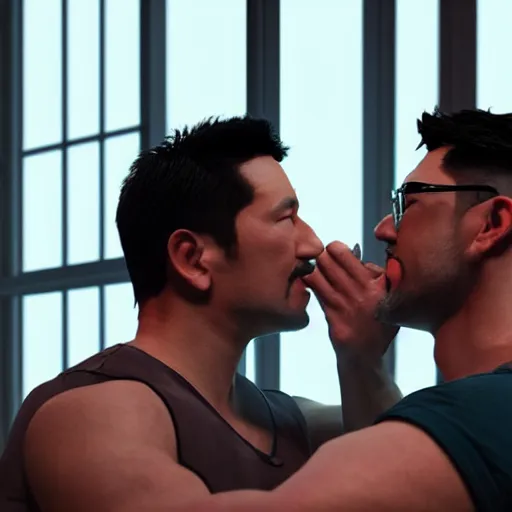 Image similar to markiplier kissing a buff guy, dslr, 8 k, octane beautifully detailed render, cold lighting, cinematic lighting, detailed photo, masterpiece, volumetric lighting, ultra realistic, highly detailed, high quality, lossless, photorealistic