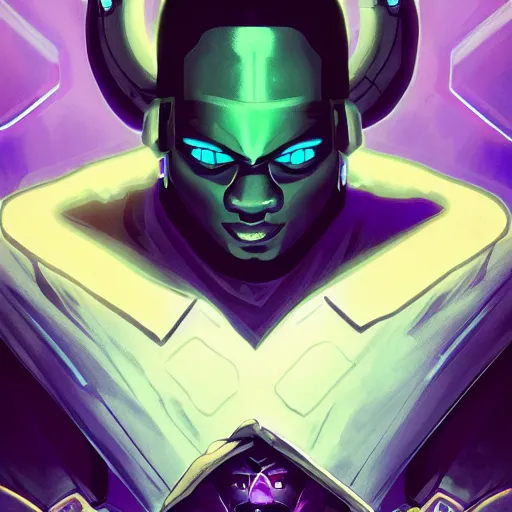 Prompt: a stylized portrait of a powerful black man with green eyes as an angry scientist, stylized, arcane magic, blue and purple vapor, neon color, vivid color, lens flare, volumetric light from below, kang the conqueror, background by justin gerard, hyperdetailed concept art by Ross Tran and Greg Rutkowski, high quality DnD illustration, trending on ArtStationHQ, 8k