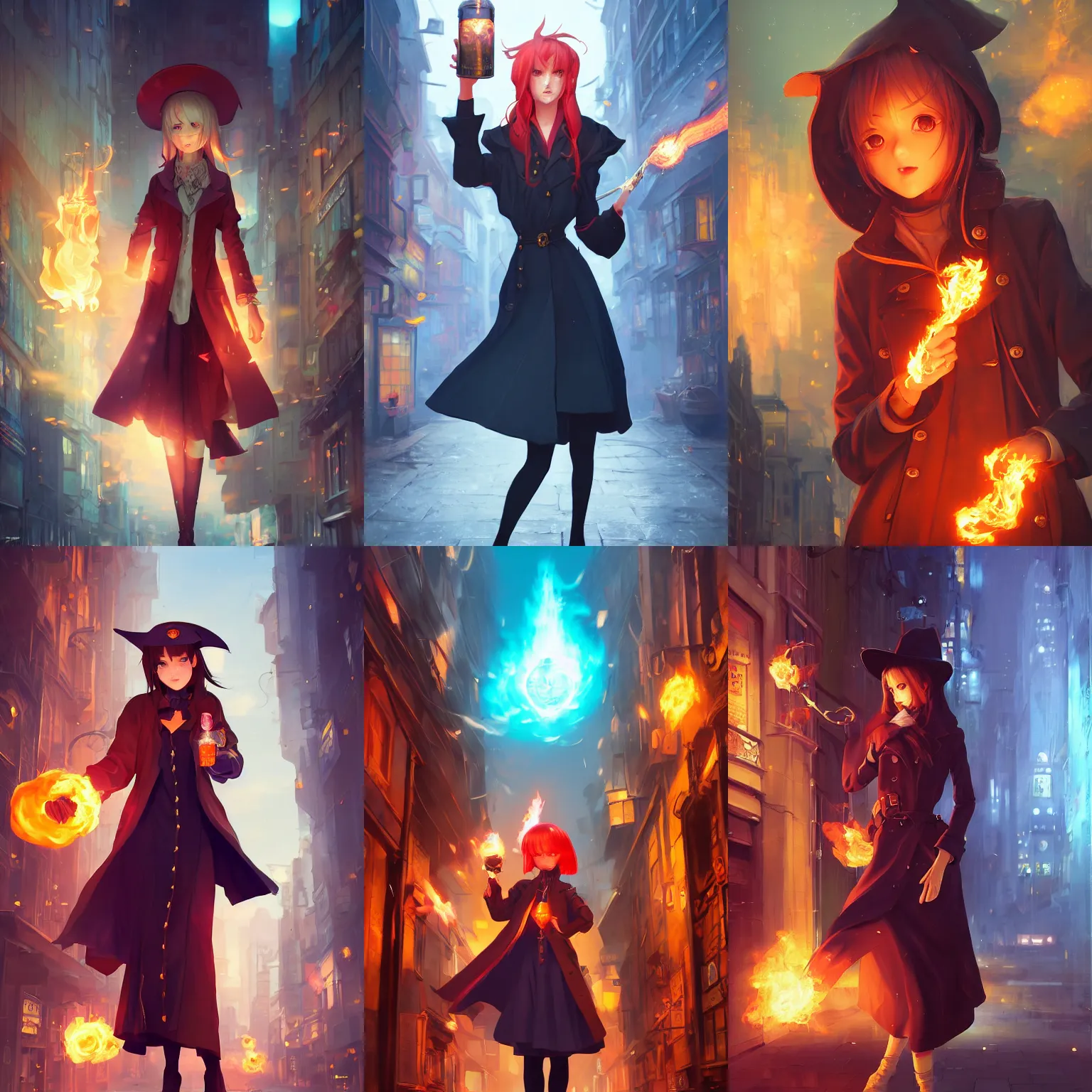Prompt: a portrait of a cute female wizard wearing a very stylish trenchcoat and holding a fireball, embers flying, urban fantasy setting, narrow street, vivid colors, warm lighting, atmospheric, cinematic, moody, in the style of Ilya Kuvshinov and Range Murata, Krenz Cushart, oil on canvas, 8k