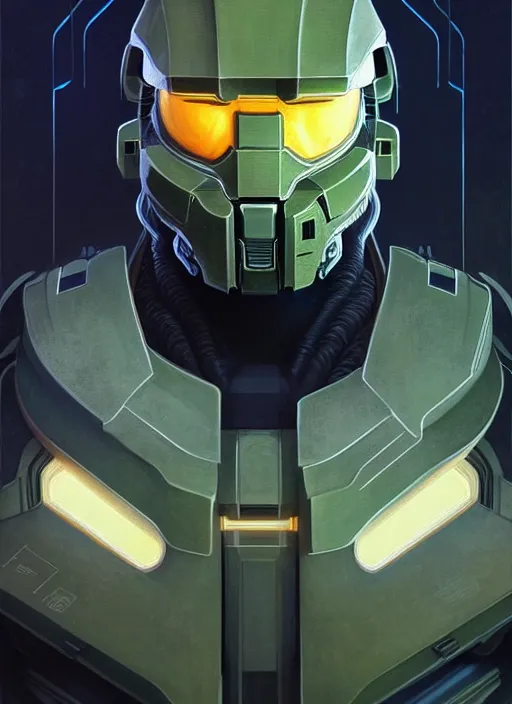 Prompt: symmetry!! portrait of master chief from halo, intricate, elegant, glowing lights!! highly detailed, digital painting, artstation, concept art, smooth, sharp focus, illustration, art by artgerm and greg rutkowski and alphonse mucha