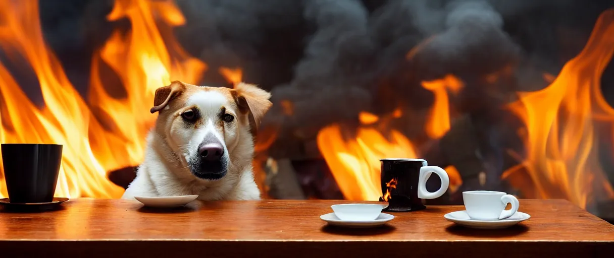 Image similar to a photograph (flash on) of a relaxed anthropomorphic dog sitting on a wooden chair at a table (no fire at all there), surrounded by flames, there is a full cup of coffee on the table, huge fire on this dining room in the background, a lot of flames behind the dog, black smoke instead of the ceiling, no watermark