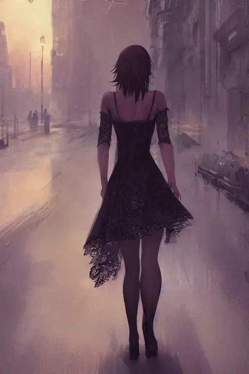 Image similar to a woman in a lace dress and thigh highs walking in a dark soviet city, digital illustration, beautiful face, volumetric, by makoto shinkai, by yoshitaka amano, by greg rutkowski, by dan mumford, highly detailed, composition, 4 k, forward facing pose, detailed street, photorealism, octane render