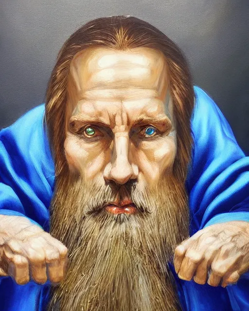 Image similar to Hyper realistic painting of a wizard in a blue robe, by Anato Finnstark, detailed, beautiful, trending on artstation