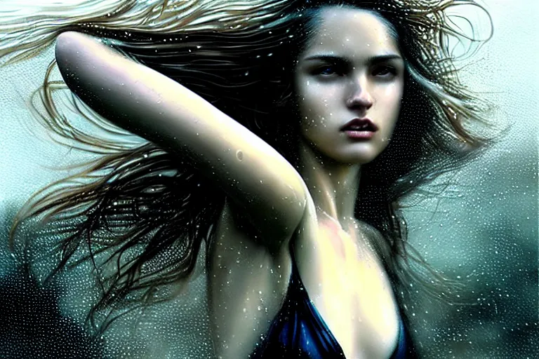 Prompt: girl flying freely in rain with wet hair and face, flowing hair, fantasy, captivating dynamic facial expression, intricate, elegant, dramatic lighting, emotionally evoking symbolic metaphor, highly detailed, lifelike, photorealistic, digital painting, artstation, concept art, smooth, sharp focus, illustration, art by John Collier and Albert Aublet and Krenz Cushart and Artem Demura and Alphonse Mucha