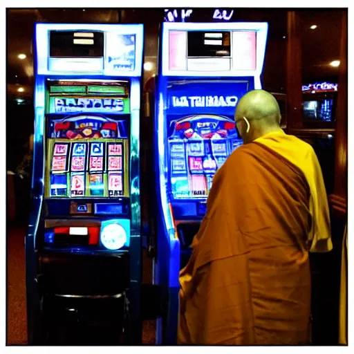 Image similar to r 2 d 2, the dalai lama and james wade playing on the gambling machine in aldershot wetherspoons