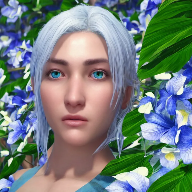 Prompt: “hyperrealistic ultra detailed unreal engine 5 RTX raytracing nvidia hairworks render of portrait of the most beutiful girl with blue eyes and white hair. She is in amazing tropical flowers. Beautiful Photo. Photorealistic”