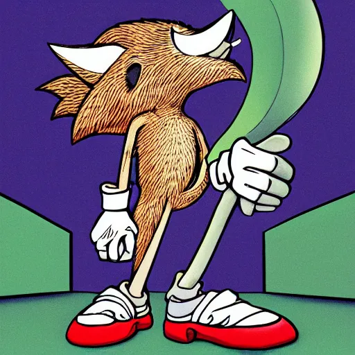 Image similar to full figure shot of Sonic the Hedghehog, by Robert Crumb, intricate, elegant, highly detailed, centered, digital painting, artstation, concept art