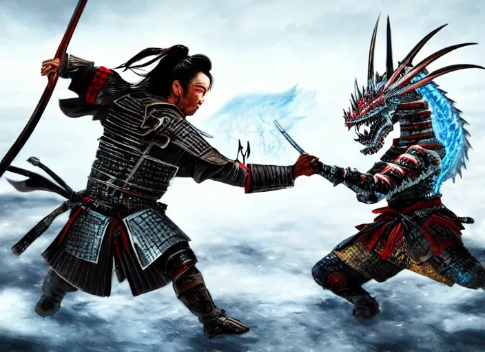 Prompt: a beautiful digital image of a samurai in battle with an ice dragon, ultra realistic, detailed, dynamic shot, cinematic, concept art, no blur,