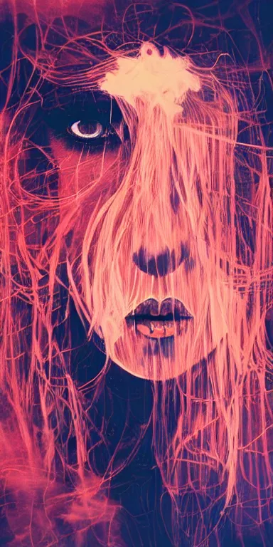 Image similar to dark background, light paint, candid!! long portrait of a very very beautiful! alf with narrow face, large eyes and flowing long hair, swirling dreamy smoke and fog is coming from her mouth, face partially obscured, by conrad roset, abstract background, dramatic lighting, trending on artstation