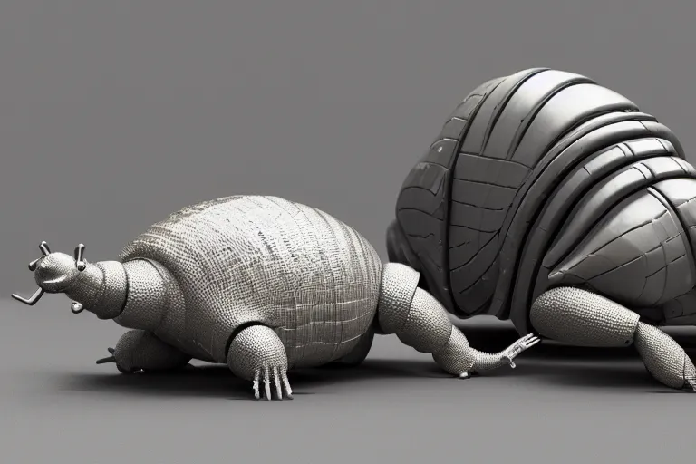 Image similar to an industrial design render of an advanced robotic armadillo curled up behind a snail, industrial, biomimetic, bionic, 3D octane render, 8K, artstation