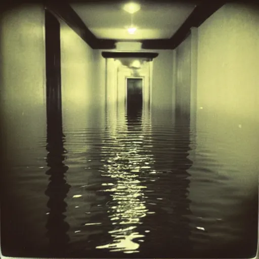 Image similar to a flooded hotel hallway at night, dark, dim, no light, underexposed, old polaroid,