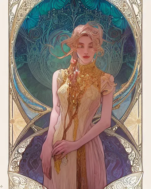 Image similar to secret romance, highly detailed, very intricate, art nouveau, gold filigree, romantic storybook fantasy, soft cinematic lighting, award - winning, disney concept art watercolor illustration by mandy jurgens and alphonse mucha and alena aenami, pastel color palette, featured on artstation