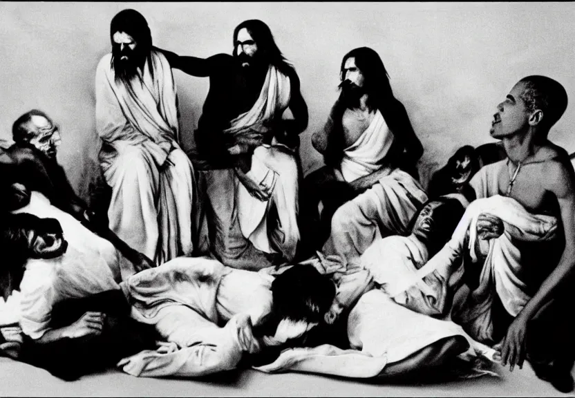 Image similar to smoke session for the ages: Gandhi , Obama, Jesus, And Lady GaGa in a circle on the floor getting high by Andy Warhol and Edward Curtis